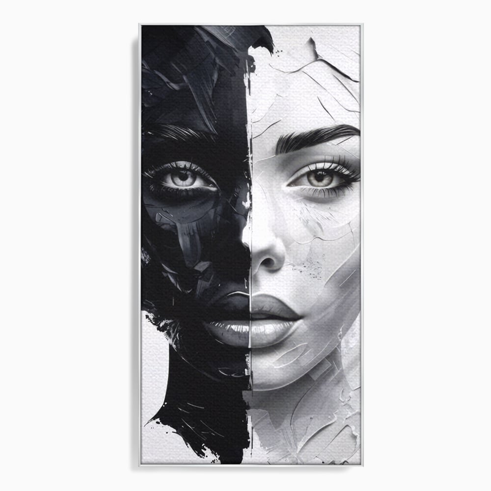 Tablou canvas cu tablou canvas cu chip de femeie in doua nuante, in rama de aluminiu argintiu